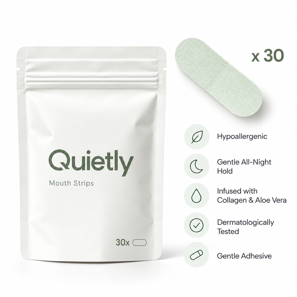 Quietly Mouth Tape x30 pouch with a single gentle mouth strip, hypoallergenic and infused with collagen and aloe vera